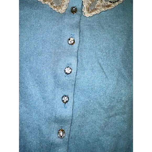 VINTAGE LACE PEARL BEADED COLLAR RHINESTONE BUTTON CASHMERE CARDIGAN SWEATER - Picture 8 of 10